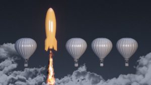 yellow rocket taking off among a line of black and white hot air balloons